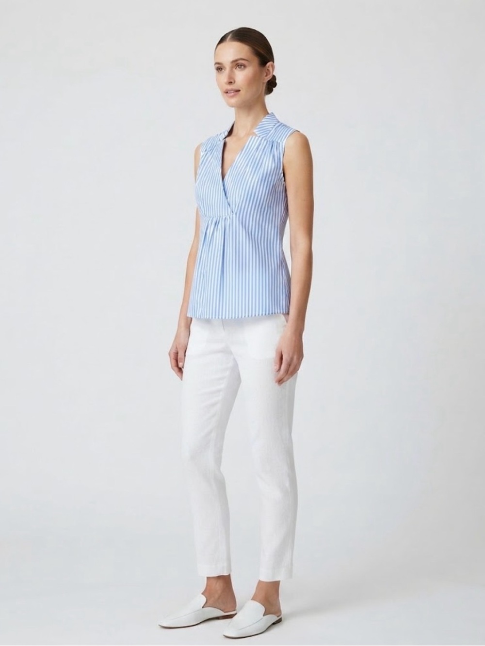 Barba Napoli Italian Blue White Striped Sleeveless Wrap Blouse Size 40 / US S